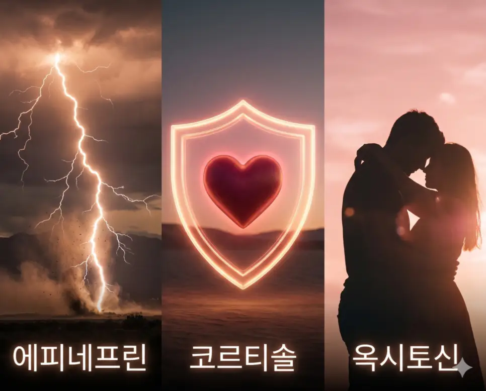 생존 반응, 스트레스 관리, 사랑의 유대를 아우르는 핵심 호르몬 통합 시각 자료