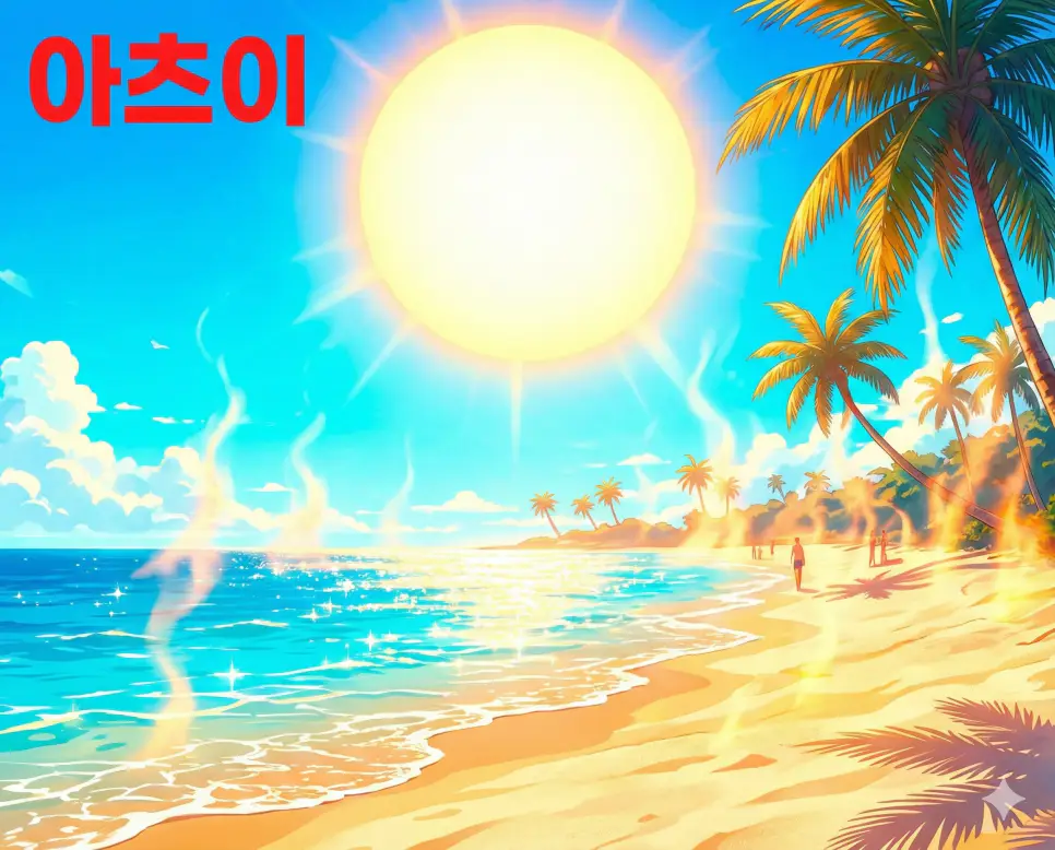 기온이 높거나 뜨거운 상태를 의미하는 아츠이 뜻과 여름의 열기가 잘 보여주는 세련된 애니메이션 스타일의 이미지입니다.