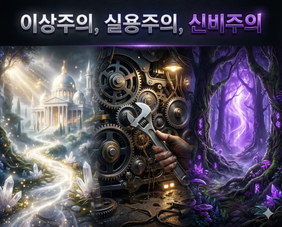 이상주의, 실용주의, 신비주의의 개념과 그 철학적 대비를 세련된 구도로 통합한 종합 가이드 이미지