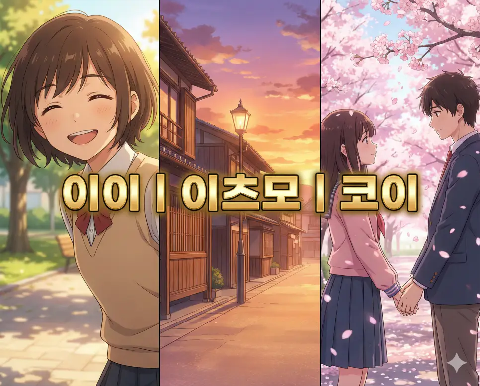 이이 뜻, 이츠모 뜻, 코이 뜻 등 일상과 사랑의 감정을 담은 일본어 키워드를 한눈에 확인하기 좋게 정리한 통합 가이드 이미지입니다.