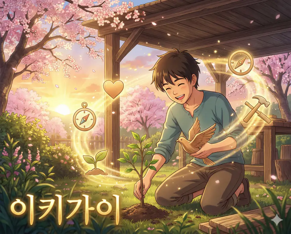 살아가는 보람과 인생의 목적을 뜻하는 이키가이 뜻을 표현한 행복한 일상의 애니메이션 이미지