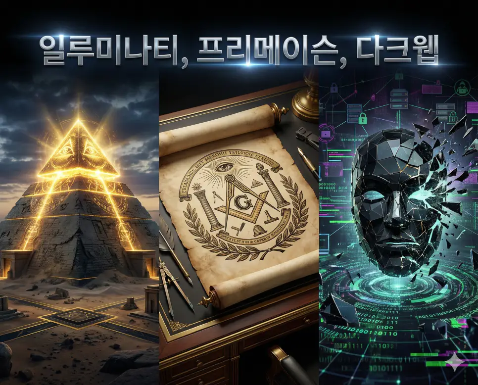 일루미나티, 프리메이슨, 다크웹의 상징과 정체성을 세련된 구도로 통합한 미스터리 종합 가이드 이미지