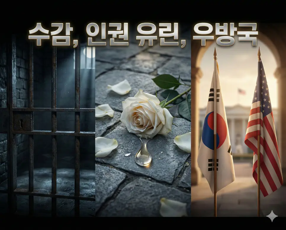 수감, 인권 유린, 우방국의 개념과 사회·외교적 현상들을 세련된 구도로 통합한 종합 가이드 이미지