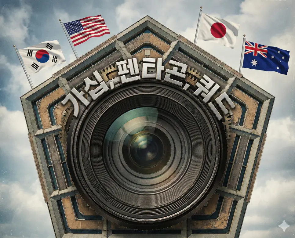 가십, 펜타곤, 쿼드 뜻을 한데 모아 정보의 전파와 국가 안보, 국제적 연대의 흐름을 표현한 종합 이미지