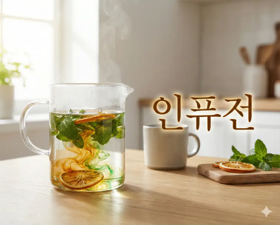 인퓨전 뜻을 상징하는 투명한 주전자 속에서 허브와 과일의 향이 은은하게 우러나는 평온한 분위기의 고화질 이미지