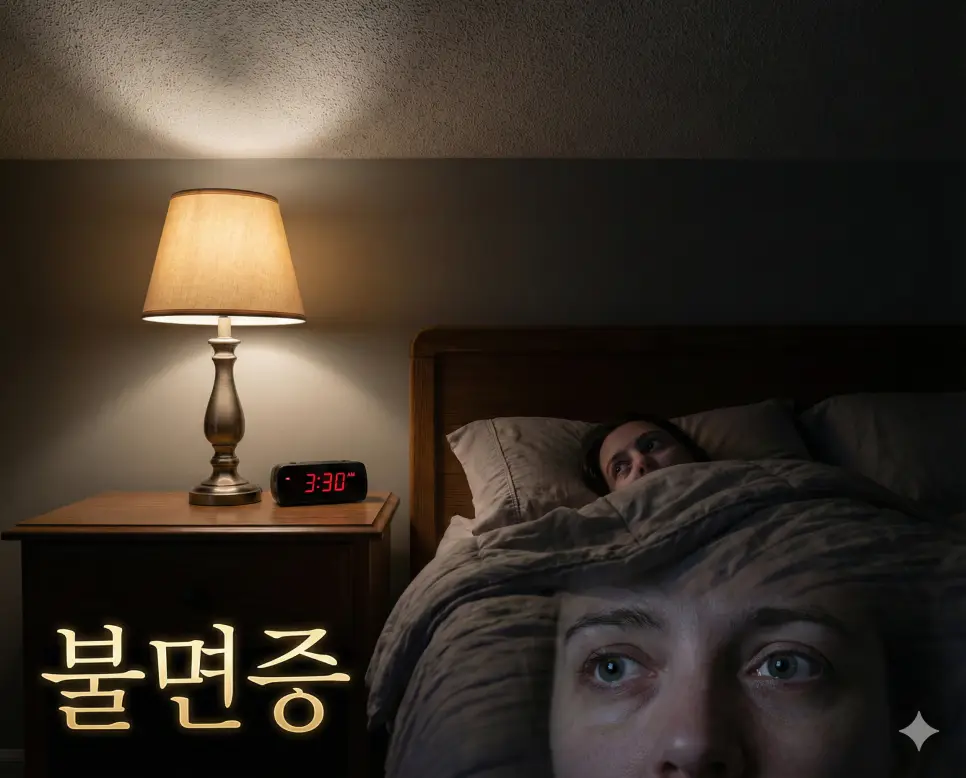 쉽게 잠들지 못하거나 자는 도중 자주 깨서 수면 부족을 겪는 상태인 불면증을 묘사한 이미지