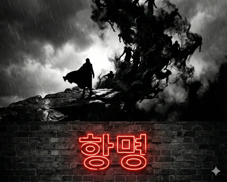 상관의 정당한 명령을 거부하거나 복종하지 않는 행위인 항명을 상징적으로 표현한 이미지