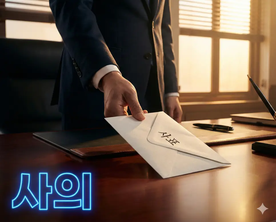 사의 뜻인 맡아 보던 직책을 그만두겠다는 의사를 밝히는 행위를 상징적으로 표현한 이미지