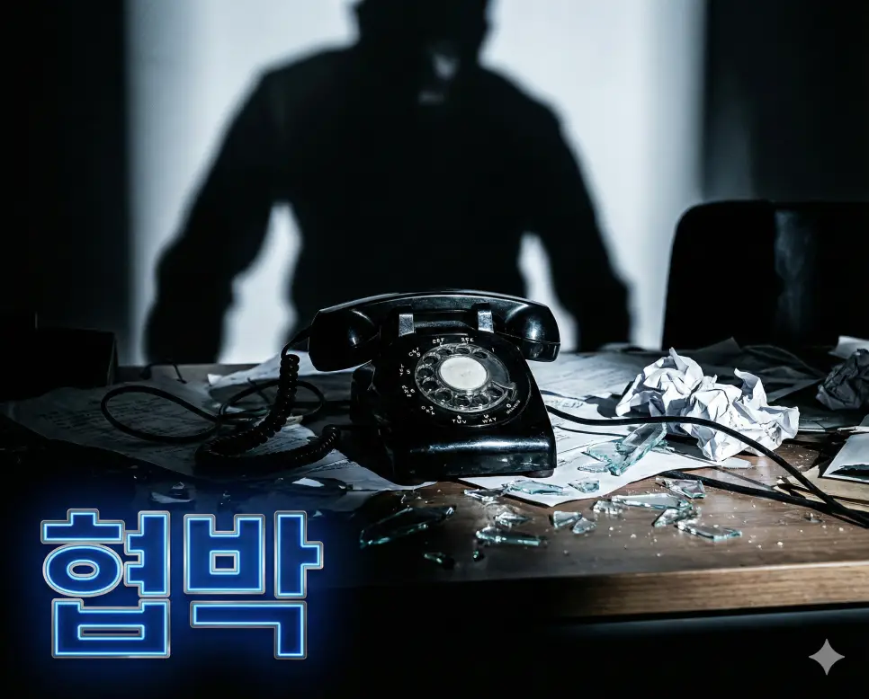 협박 뜻인 타인에게 공포심을 주어 해를 입히겠다고 위협하는 행위를 상징적으로 표현한 이미지