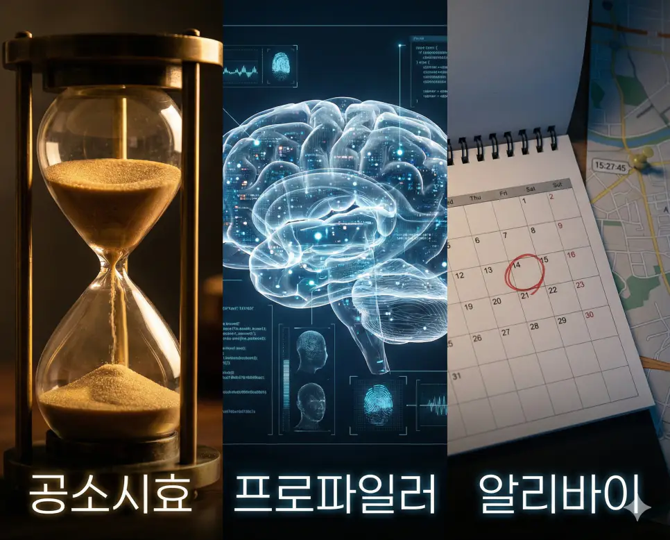 공소시효의 시간, 프로파일러의 분석, 알리바이의 증명을 통합적으로 보여주는 시각 자료