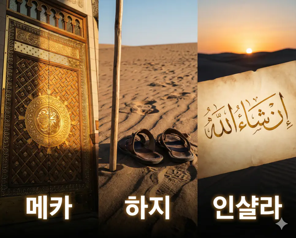 메카의 상징성, 하지의 경건함, 인샬라의 믿음을 통합적으로 보여주는 시각 자료