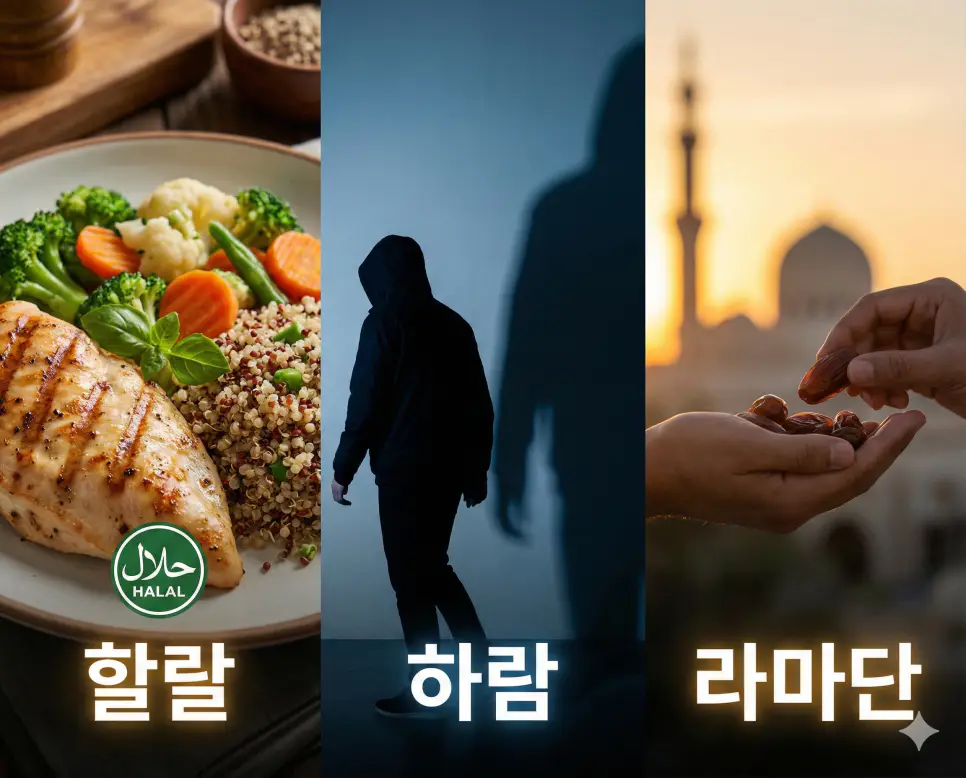 할랄의 정결함, 하람의 절제, 라마단의 수행을 통합적으로 보여주는 시각 자료