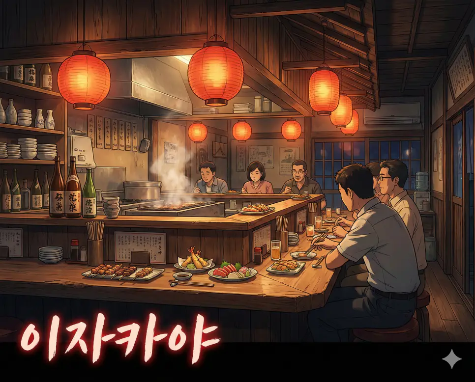 일본식 선술집을 뜻하는 이자카야 뜻과 따뜻한 분위기의 밤 풍경 애니메이션 이미지