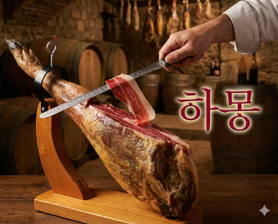 하몽 뜻을 상징하는 숙성된 돼지 뒷다리 생햄의 진한 육향과 섬세한 마블링이 돋보이는 고품격 실사 이미지