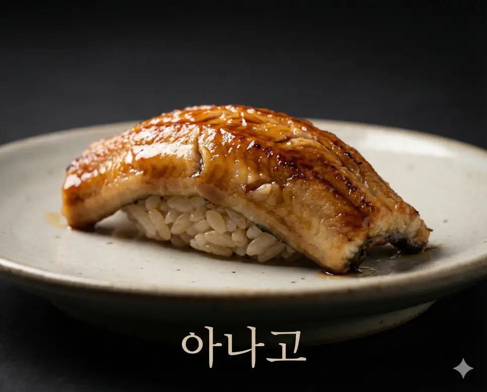 담백하고 고소한 맛이 특징인 일본식 붕장어 요리 아나고 뜻 의미를 시각적으로 보여주는 고화질 실사 이미지입니다.