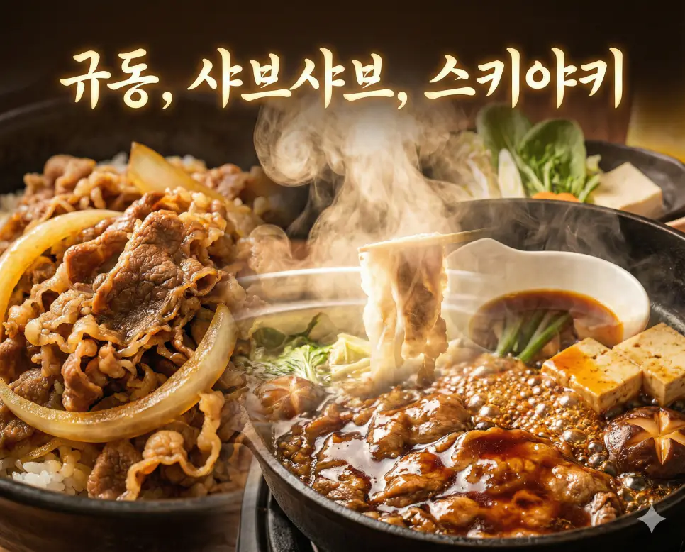 규동의 간편함, 샤브샤브의 담백함, 스키야키의 진한 풍미를 한 장의 예술적인 프레임에 담아낸 일식 소고기 요리 종합 이미지