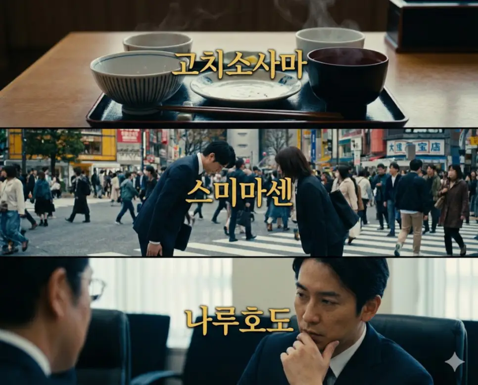 일본의 식사 감사, 일상적 배려, 깊은 공감을 담은 고치소사마, 스미마센, 나루호도 뜻 통합 이미지