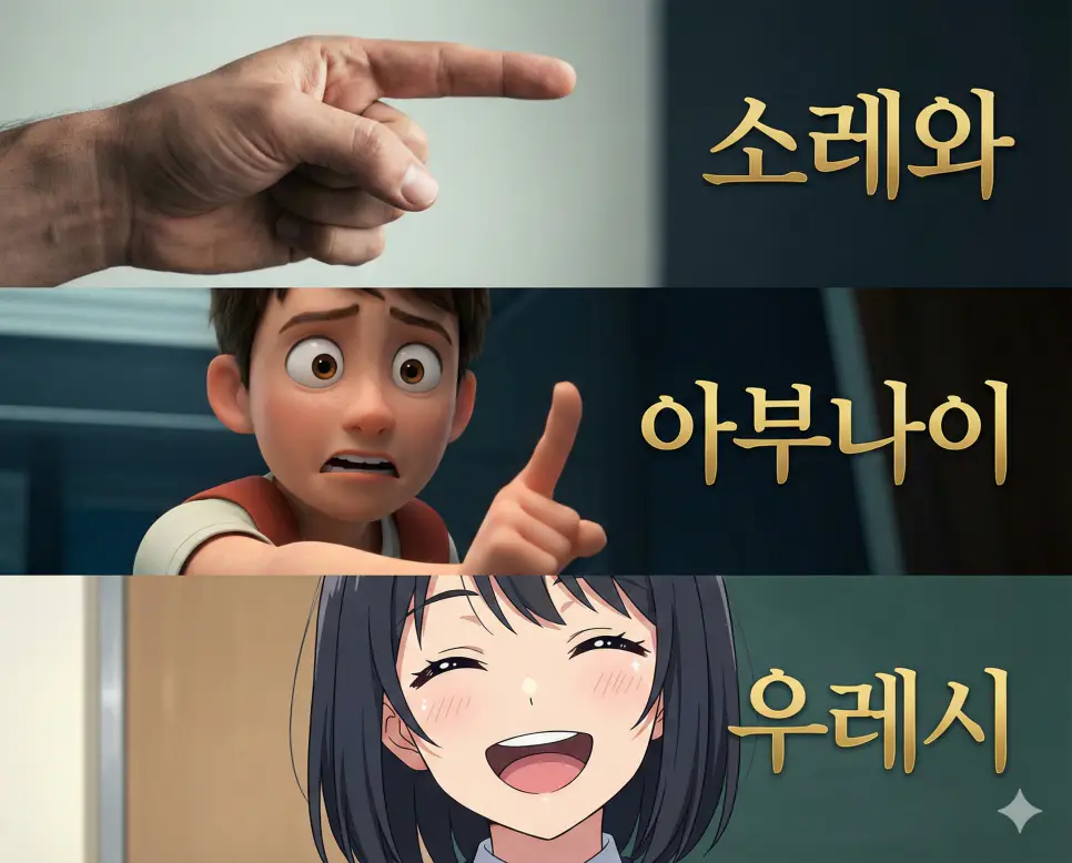 일본의 지시 표현, 위험 경고, 기쁨의 감정을 한눈에 보여주는 소레와, 아부나이, 우레시 뜻 통합 가이드 이미지