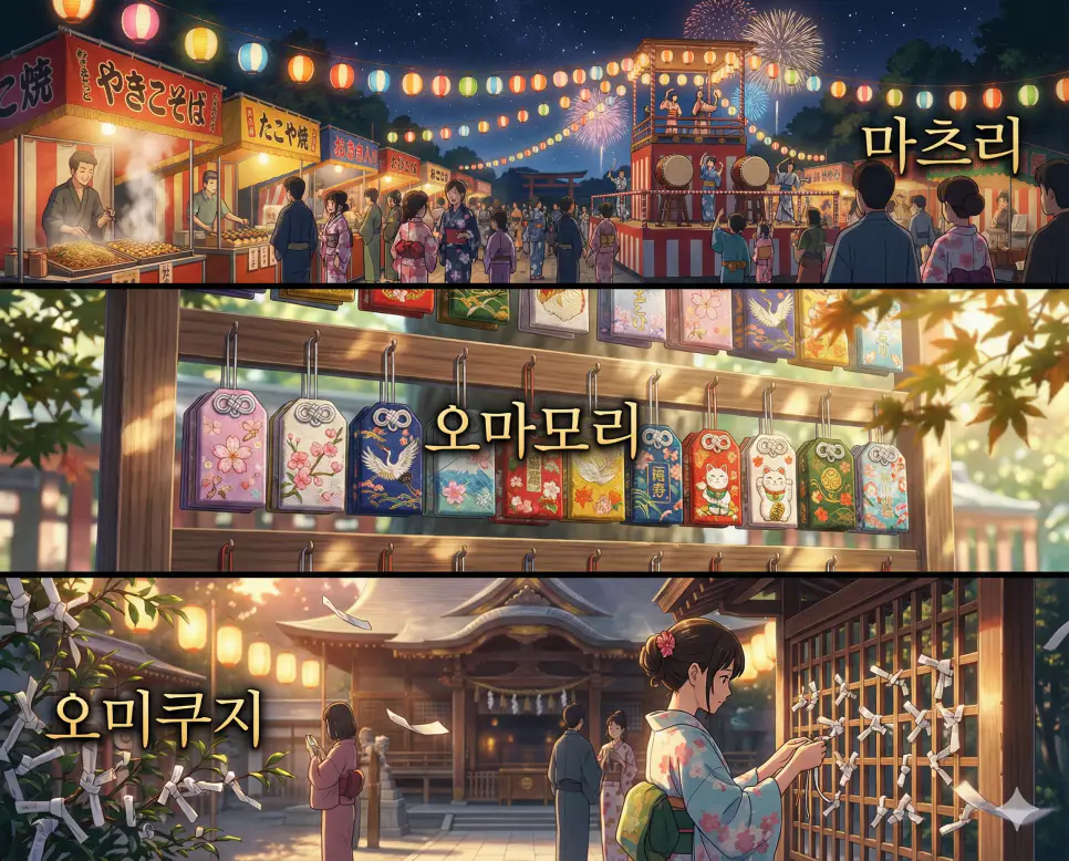 일본의 축제와 소원 문화를 한눈에 보여주는 마츠리, 오마모리, 오미쿠지 뜻 통합 가이드 이미지