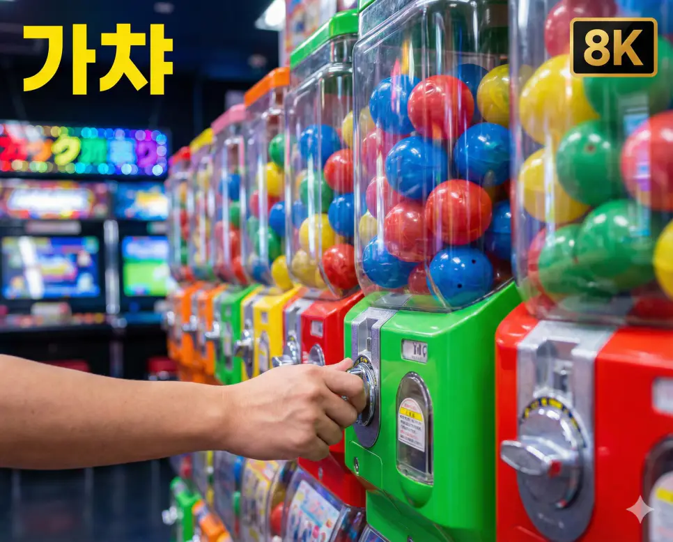 랜덤으로 캡슐 장난감을 뽑는 일본의 대표적인 놀이 문화 가챠 뜻 유래를 보여주는 선명한 실사 이미지입니다.