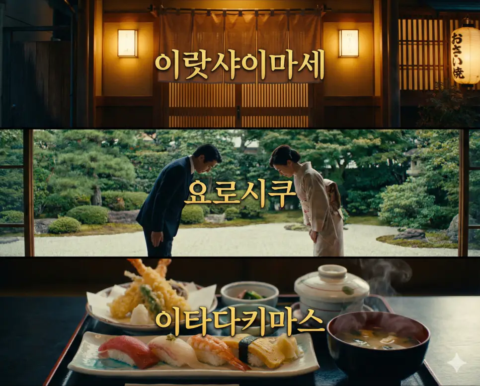 일본의 환대와 예절, 감사의 마음을 한눈에 보여주는 이랏샤이마세, 요로시쿠, 이타다키마스 뜻 통합 이미지