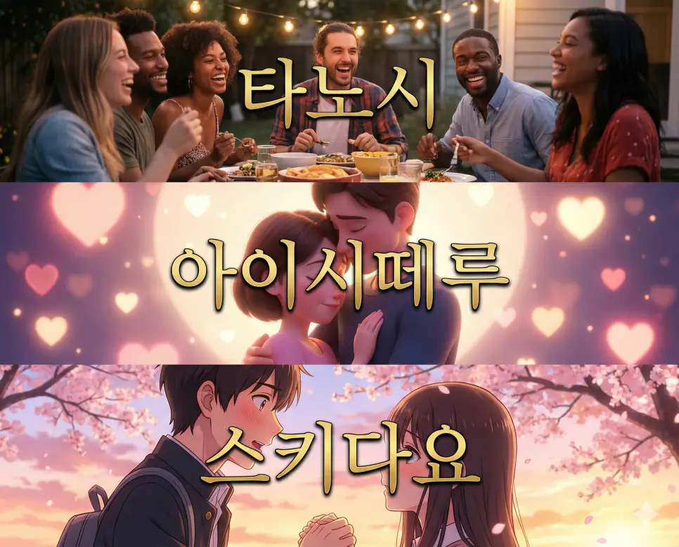 일본의 즐거움, 사랑, 고백을 한눈에 보여주는 타노시, 아이시떼루, 스키다요 뜻 통합 가이드 이미지