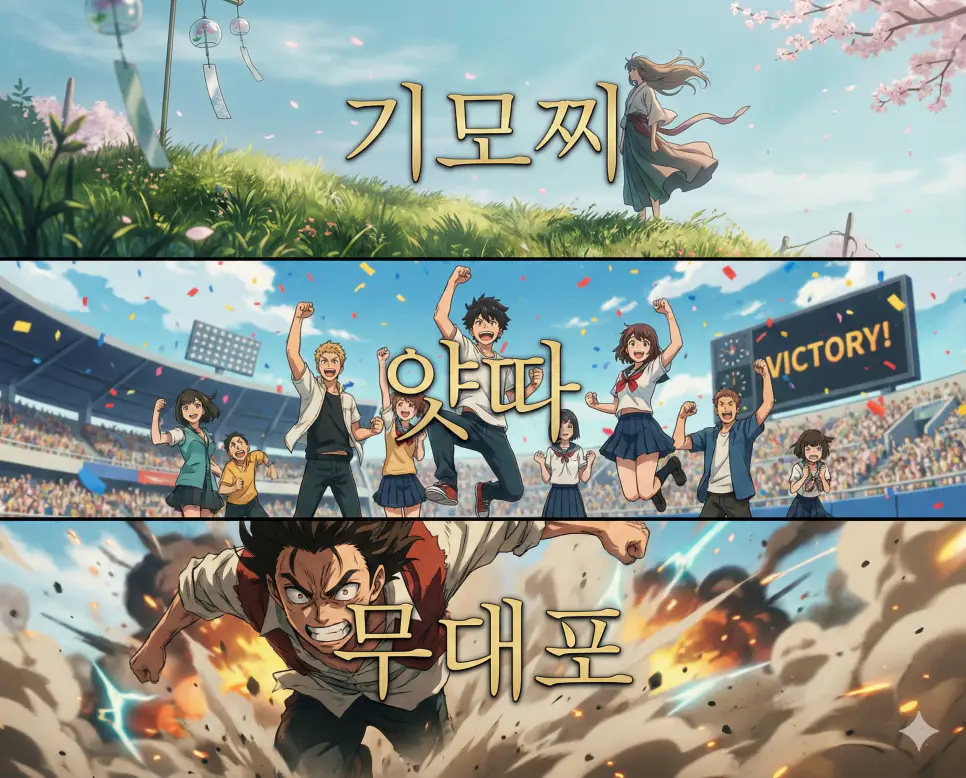 일본의 감정 상태, 성공의 환호, 무모한 도전을 한눈에 보여주는 기모찌, 얏따, 무대포 뜻 통합 애니메이션 가이드 이미지