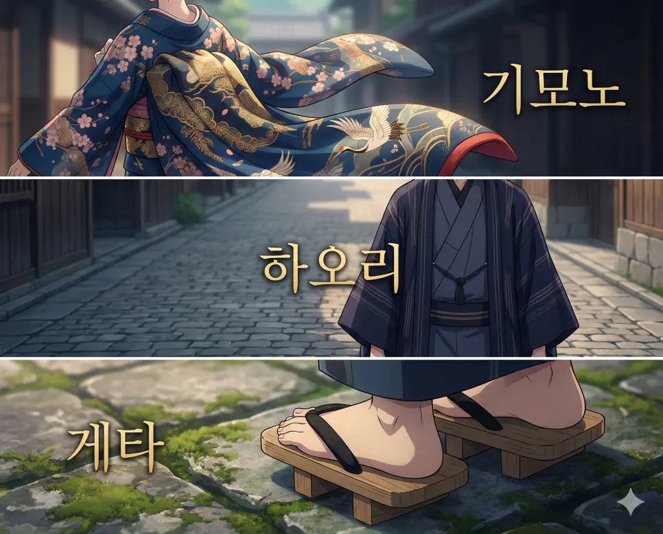 일본의 전통 의복, 외투, 신발 문화를 한눈에 보여주는 기모노, 하오리, 게타 뜻 통합 애니메이션 가이드 이미지