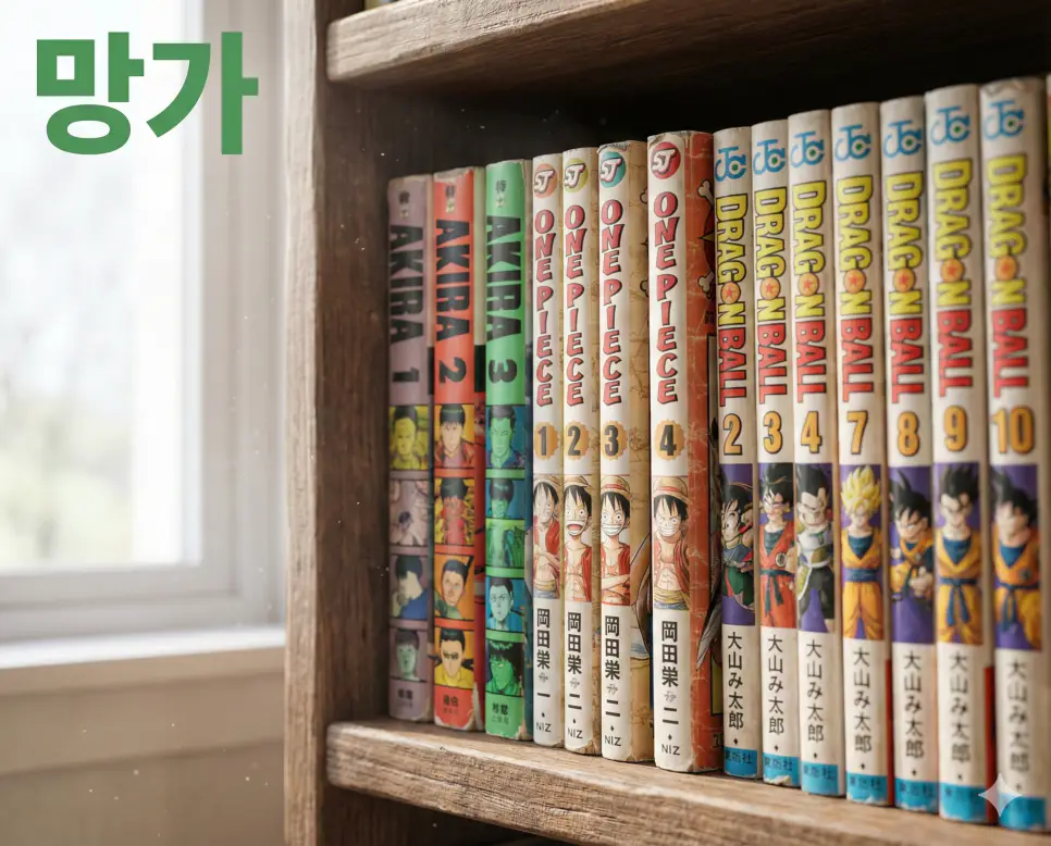 전 세계적으로 사랑받는 일본의 만화 산업 망가 뜻 유래를 설명하는 정갈한 실사 이미지입니다.