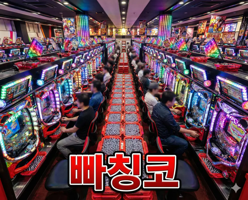 일본의 대표적인 성인 오락 문화 빠칭코 뜻 특징을 시각적으로 전달하는 고화질 실사 사진입니다.