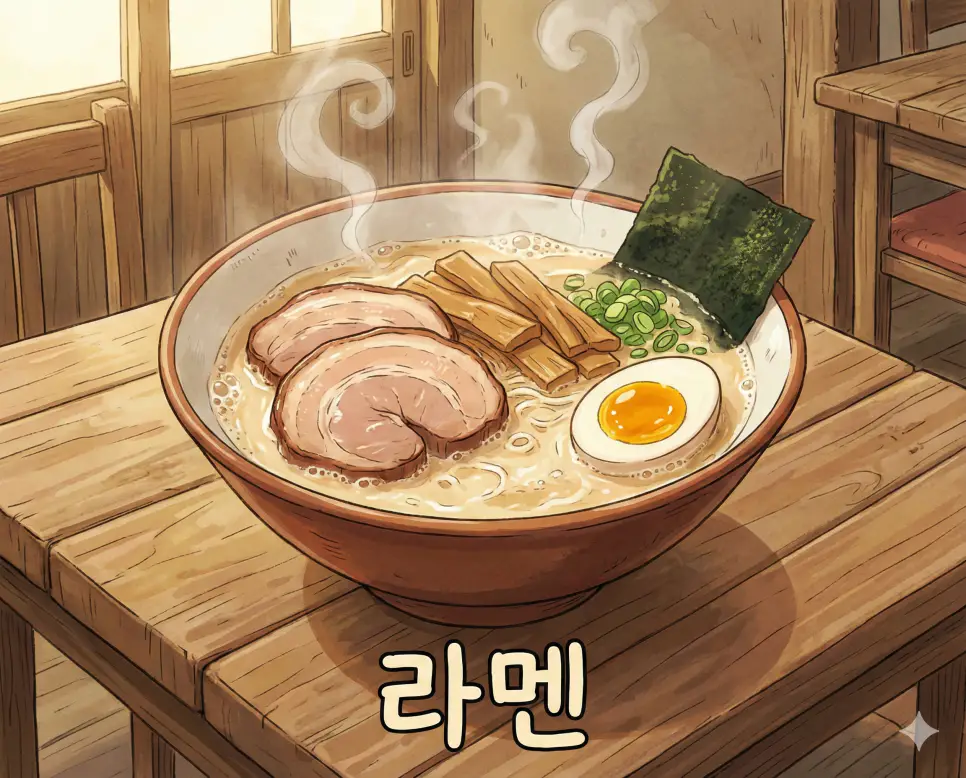 일본의 대표 면 요리인 라멘 뜻 유래를 시각적으로 보여주기 위해 제작된 정성스러운 애니메이션 이미지입니다.