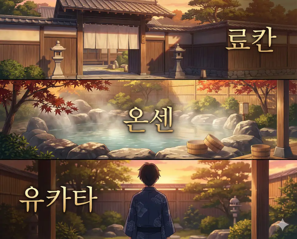 일본의 전통 숙소, 온천, 의상 문화를 한눈에 보여주는 료칸, 온센, 유카타 뜻 통합 애니메이션 가이드 이미지