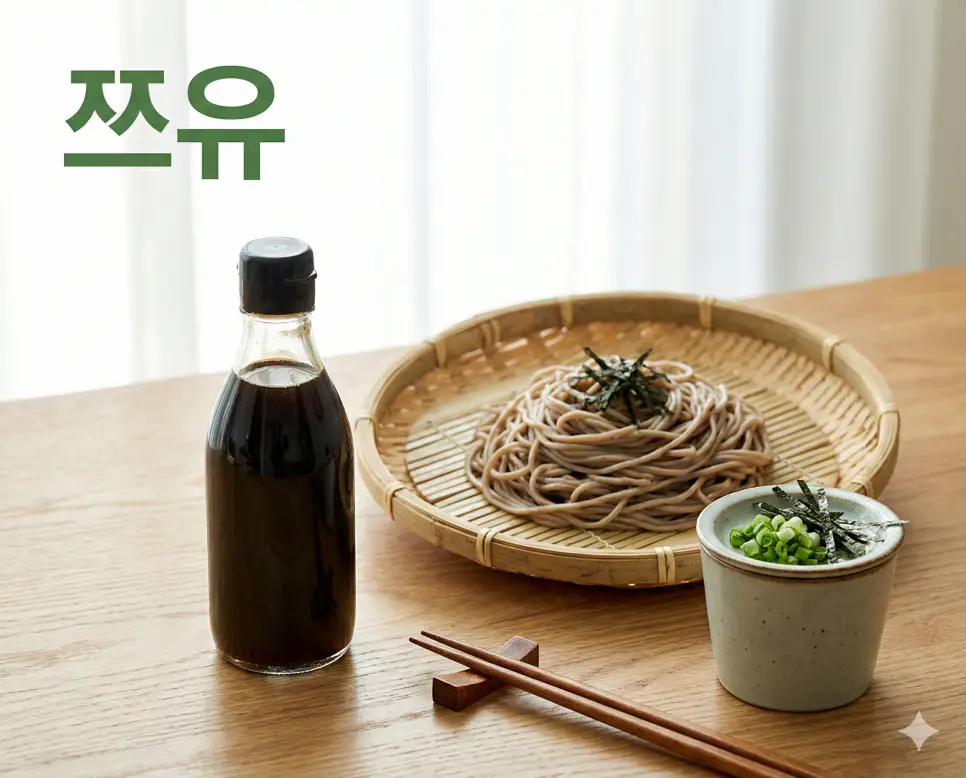 일본 요리의 감칠맛을 책임지는 만능 간장 소스 쯔유 뜻 유래를 설명하는 정갈한 실사 음식 사진입니다.