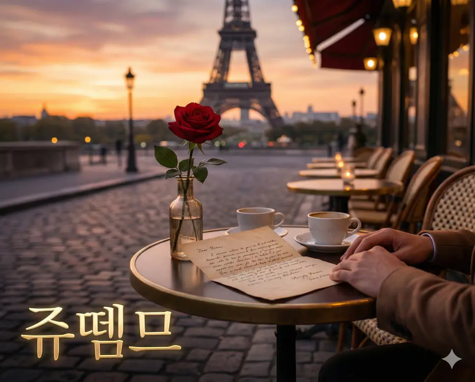 파리의 낭만적인 노을 아래 놓인 장미 한 송이와 편지를 통해 사랑한다는 뜻의 프랑스어 쥬뗌므가 가진 감성을 형상화한 이미지