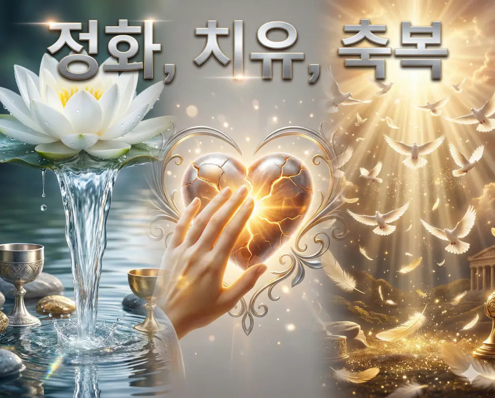 정화, 치유, 축복의 개념과 평화로운 에너지를 세련된 구도로 통합한 종합 가이드 이미지