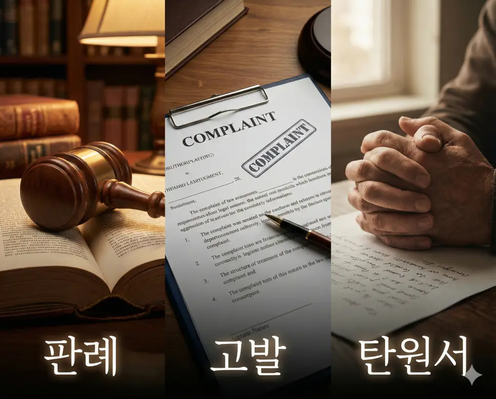 판례의 권위, 고발의 결단, 탄원서의 간절함을 통합적으로 보여주는 시각 자료