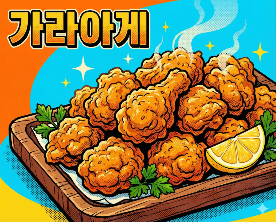 바삭한 겉면과 촉촉한 속살이 특징인 일본식 닭튀김 가라아게 뜻 의미를 트렌디한 카툰 일러스트로 표현했습니다.