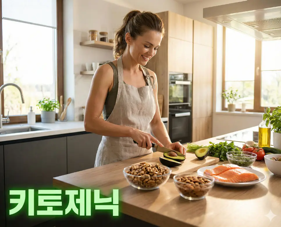 키토제닉 뜻을 상징하는 탄수화물을 줄이고 건강한 지방 위주의 식단을 실천하는 가상 인물의 웰빙 라이프스타일