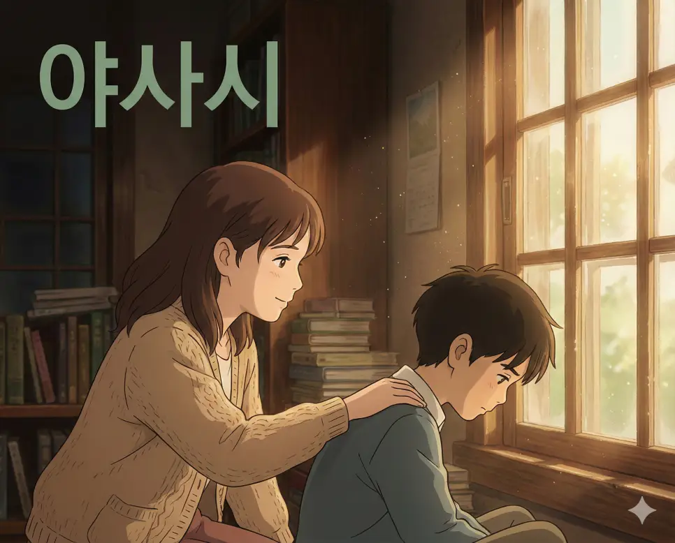 상냥함과 다정함을 의미하는 야사시 뜻과 따뜻한 감성이 잘 느껴지는 고퀄리티 애니메이션 스틸컷 이미지입니다.