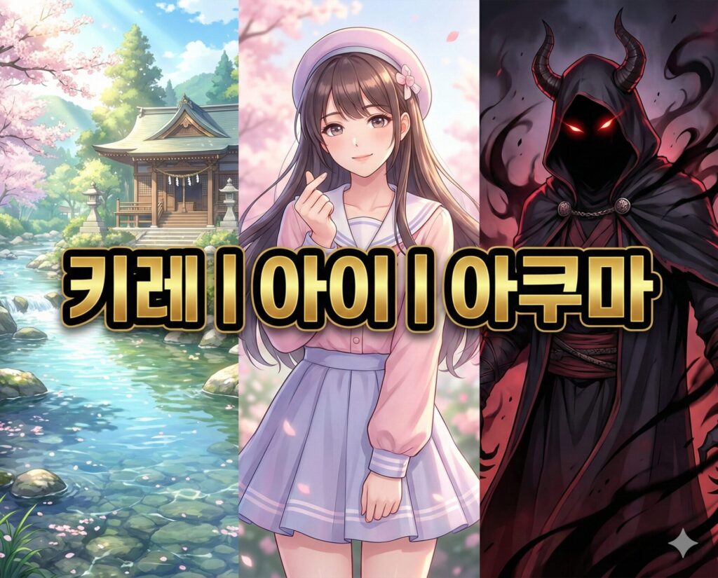 키레 뜻, 아이 뜻, 아쿠마 뜻 등 감성적이고 강렬한 일본어 키워드를 한눈에 확인하기 좋게 정리한 통합 가이드 이미지입니다.