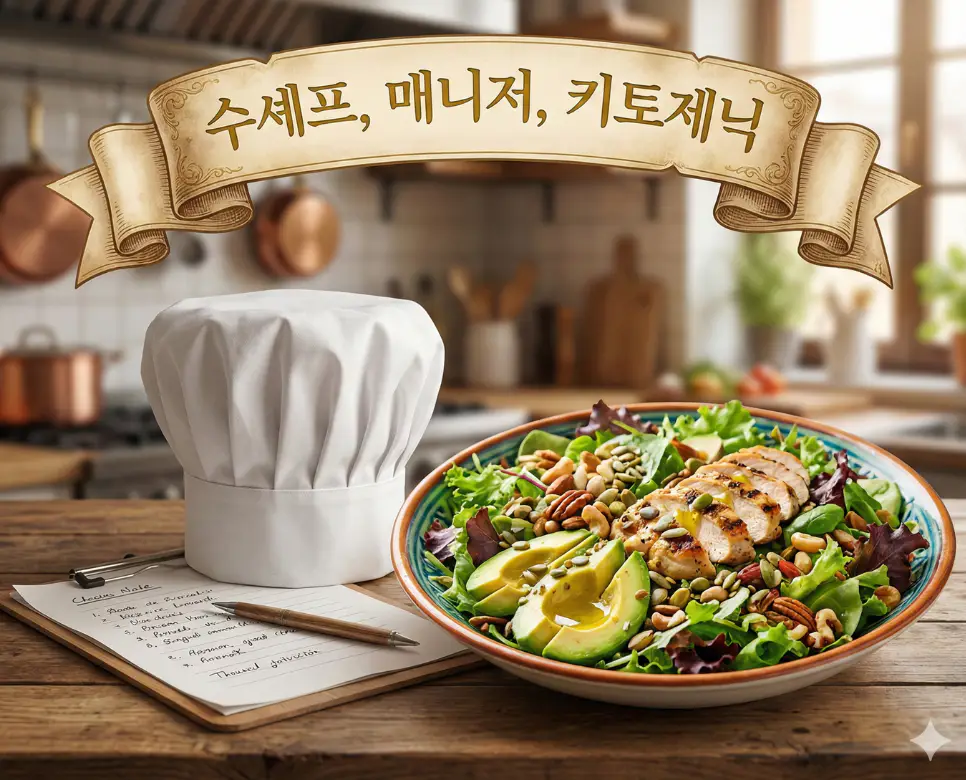 수셰프, 매니저, 키토제닉 뜻을 한데 모아 전문적인 운영과 현대적인 건강 트렌드를 표현한 종합 이미지