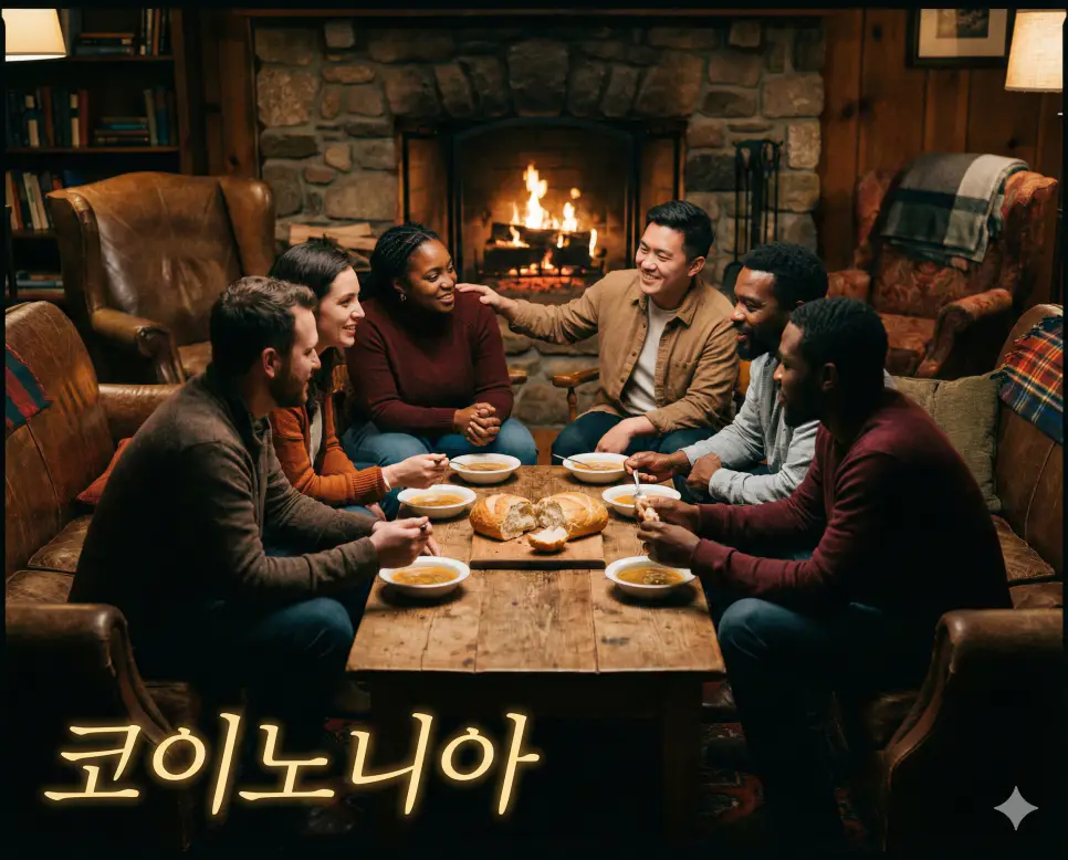 사람들이 모여 진심 어린 마음을 나누는 장면을 통해 깊은 유대감과 사귐을 뜻하는 헬라어 코이노니아 뜻을 담은 감성적인 사진