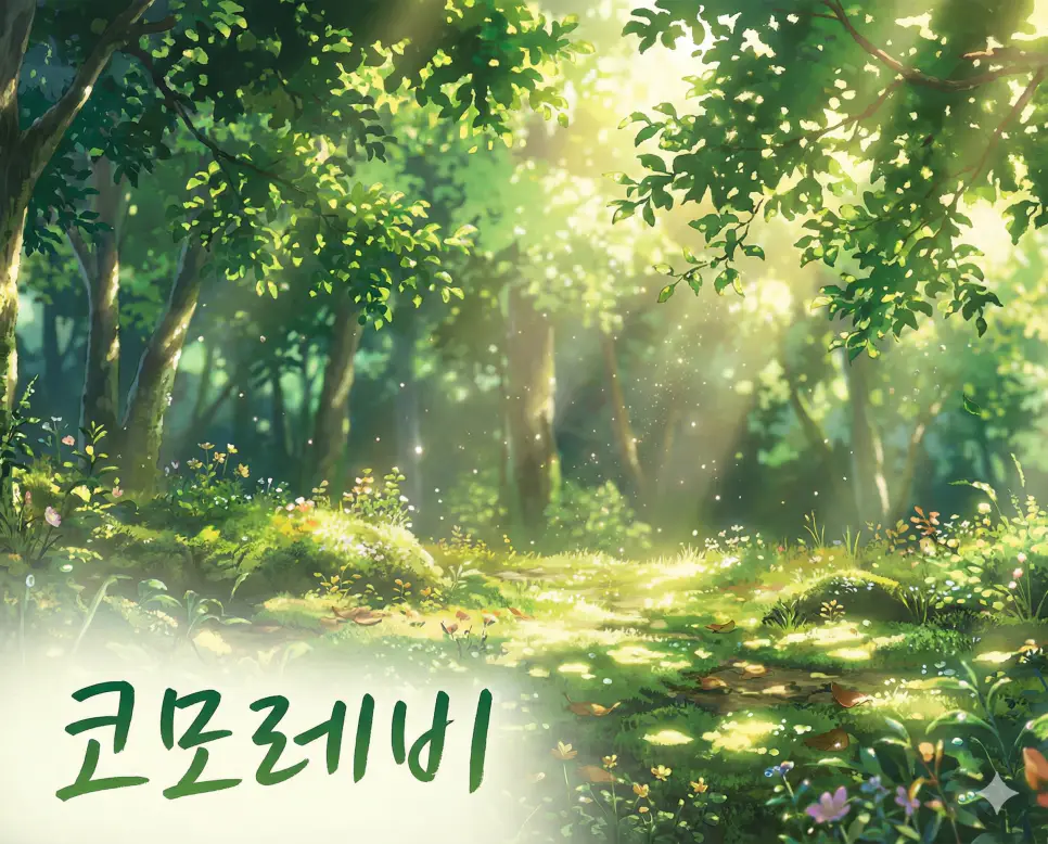 나뭇잎 사이 햇살을 뜻하는 코모레비 뜻과 신비로운 숲속의 빛을 표현한 애니메이션 이미지