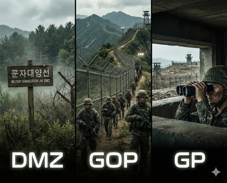 대한민국의 최전방 경계 시스템인 DMZ, GOP, GP의 개념을 한눈에 보여주는 통합 이미지
