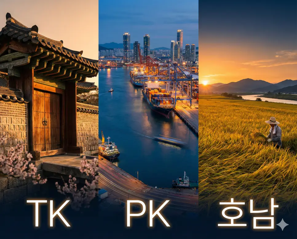 대한민국의 주요 세 지역인 TK, PK, 호남의 특징을 통합적으로 보여주는 시각 자료