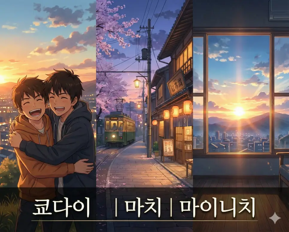 쿄다이 뜻, 마치 뜻, 마이니치 뜻이 담긴 가족의 유대와 정겨운 거리, 그리고 매일의 소중한 순간을 테마로 구성한 고퀄리티 애니메이션 스타일 통합 가이드 이미지입니다.