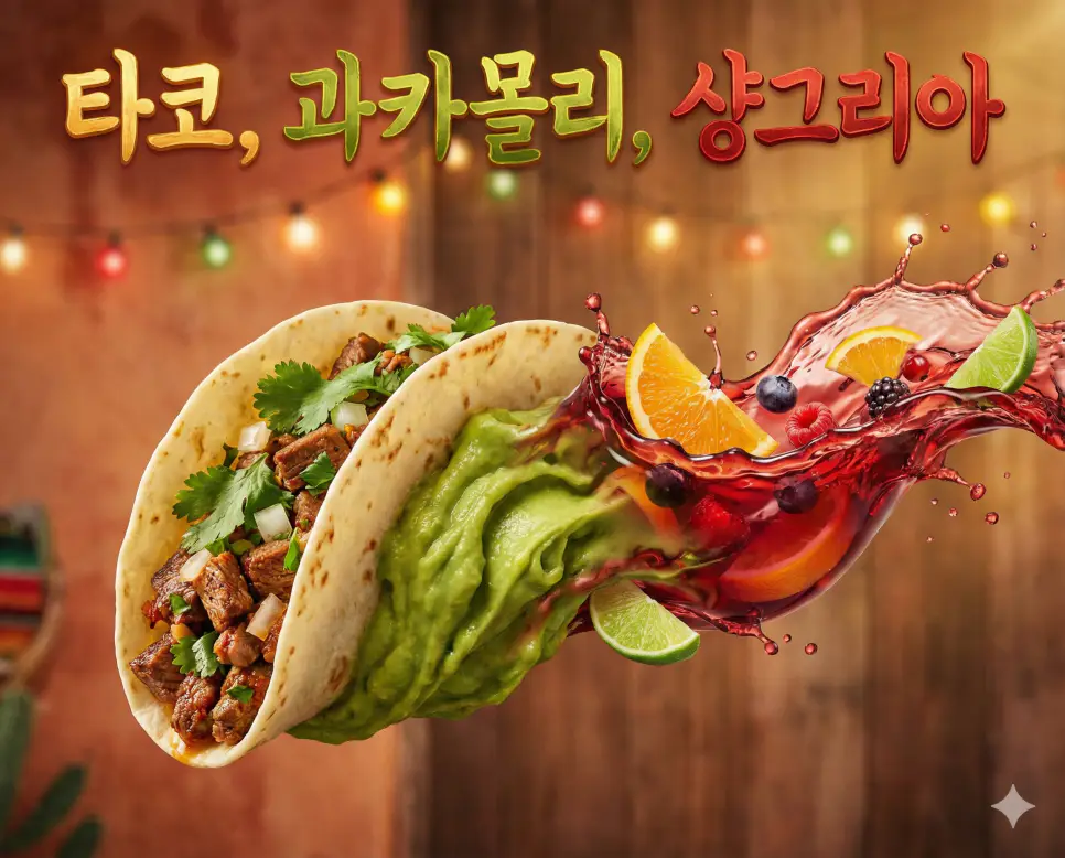 타코의 다채로움, 과카몰리의 고소함, 샹그리아의 달콤함을 한 장의 예술적인 프레임에 담아낸 라틴 미식 종합 이미지