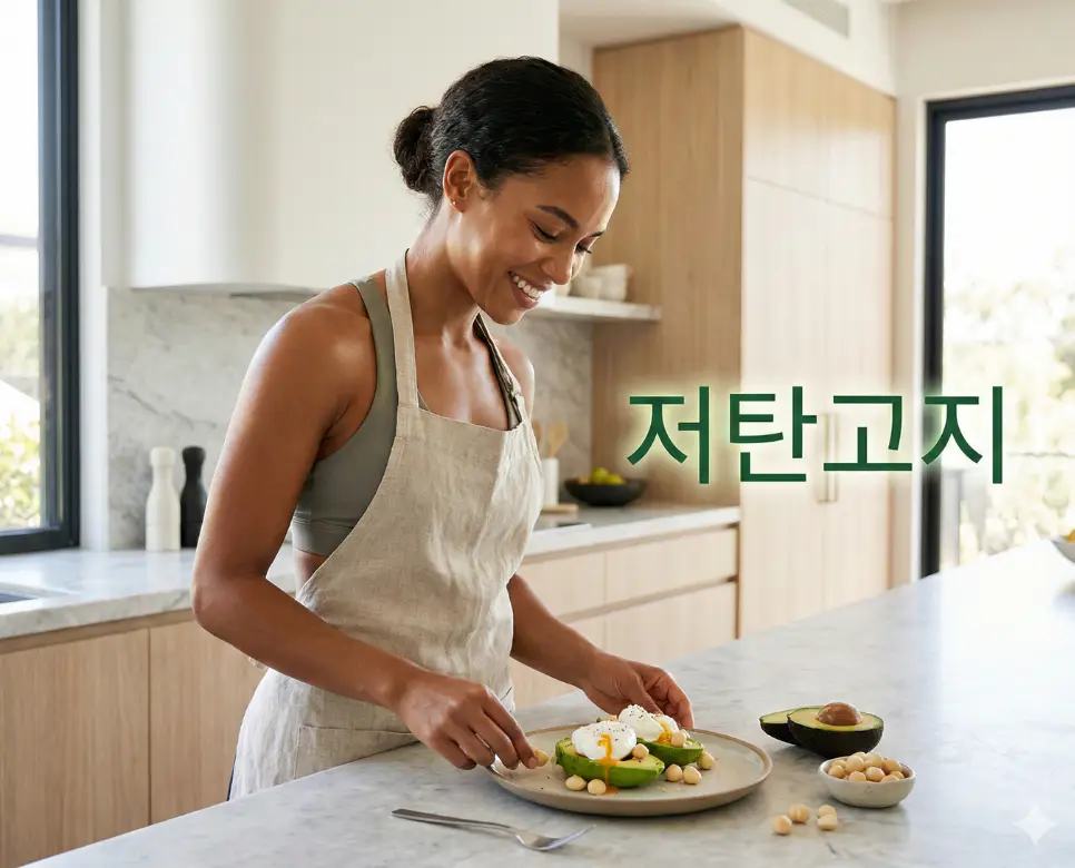 저탄고지 뜻이 담긴 탄수화물을 줄이고 건강한 지방 위주의 식단을 실천하며 활기찬 삶을 영위하는 인물의 모습