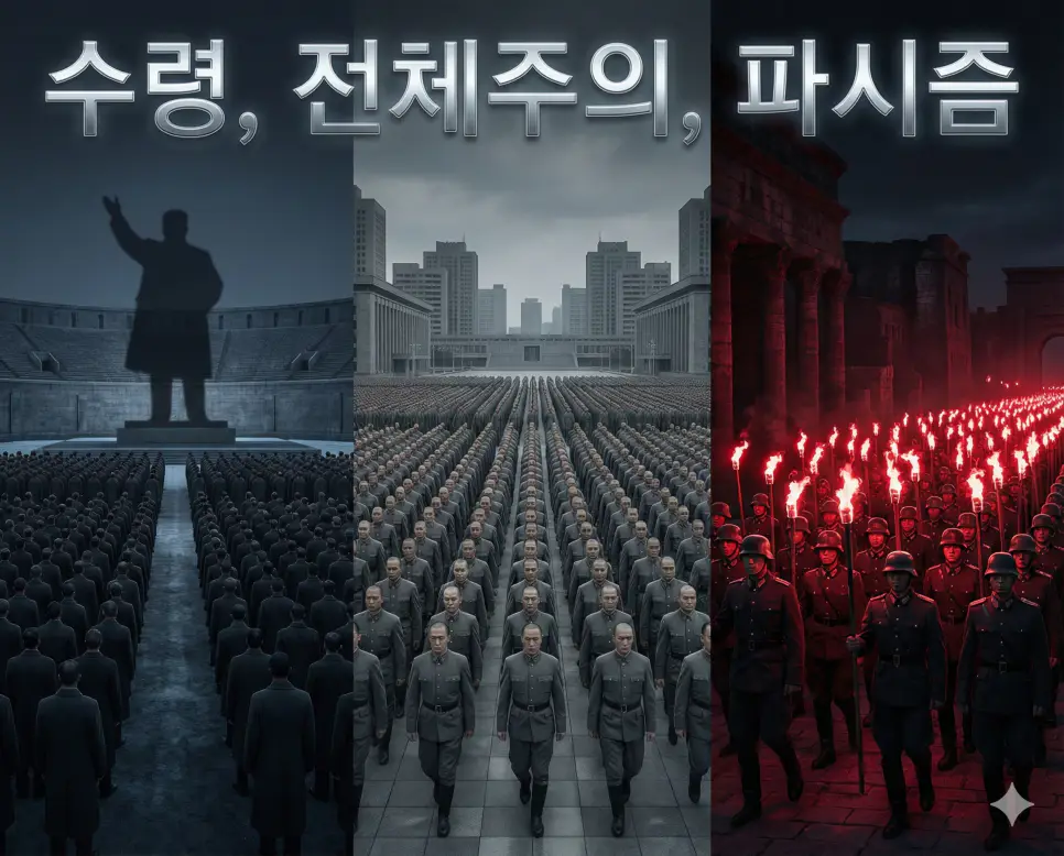 수령, 전체주의, 파시즘의 개념과 억압적인 권력 구조를 세련된 구도로 통합한 종합 가이드 이미지