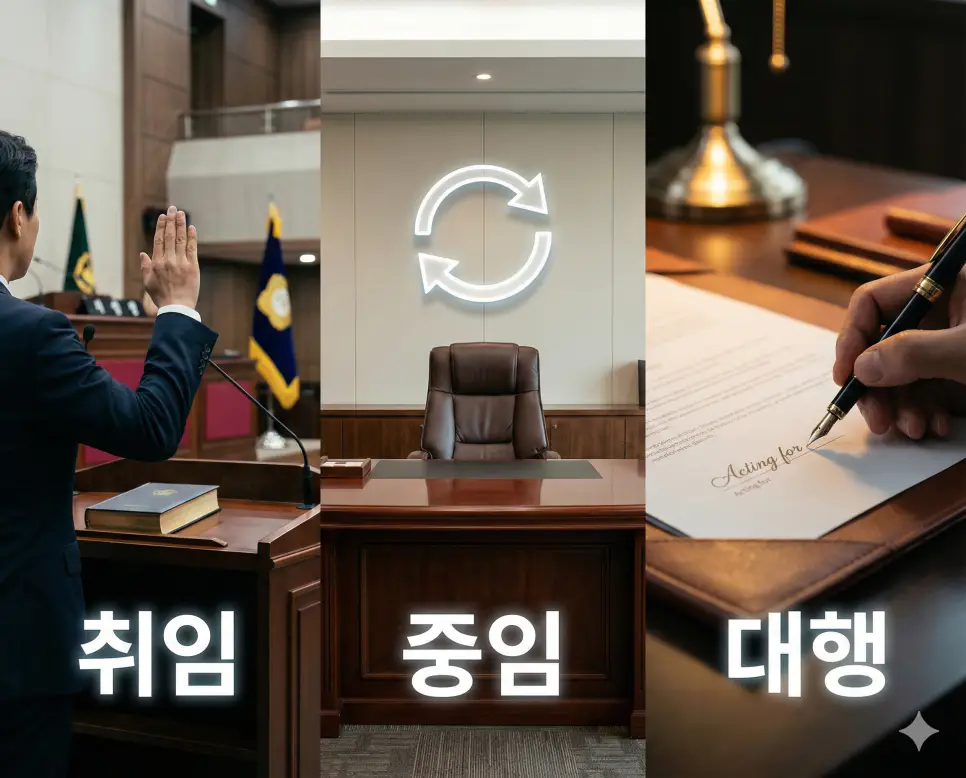 취임의 포부, 중임의 신뢰, 대행의 책임감을 통합적으로 보여주는 시각 자료